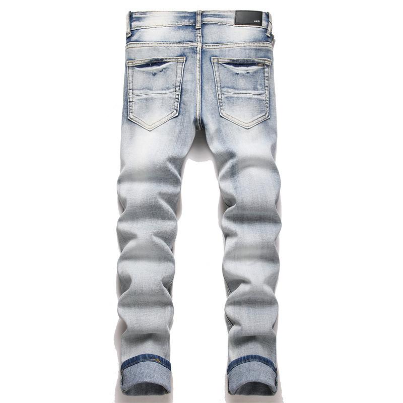New Style Trendy Streetwear Youth Blue Distressed Patch Embroidered Elastic Slim Fit Mens Jeans 3849