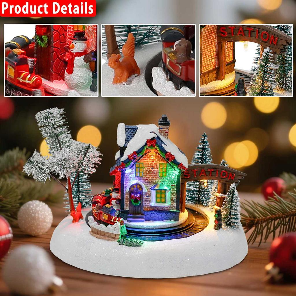 Animation Weihnachts-Dorfbahnhof Vorbeleuchtete Harz-Sammelfigur mit rotierender Eisenbahn Indoor-Weihnachtsszene