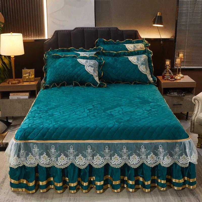 Winter Coral Fleece Zipper Removable Luxury Bedspread King Queen Thicken Velvet Quilted Bed Skirt Not Including Pillowcase