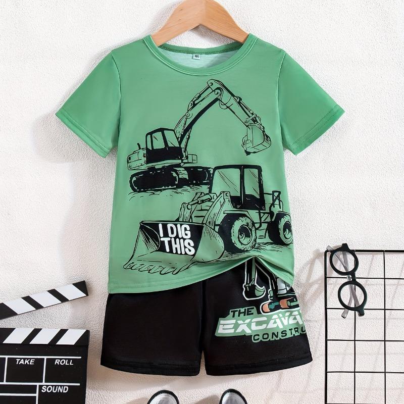 2-Piece Boys Casual Summer Outfit Set, Monster Truck Print Versatile Short Sleeve Tee & Shorts Set