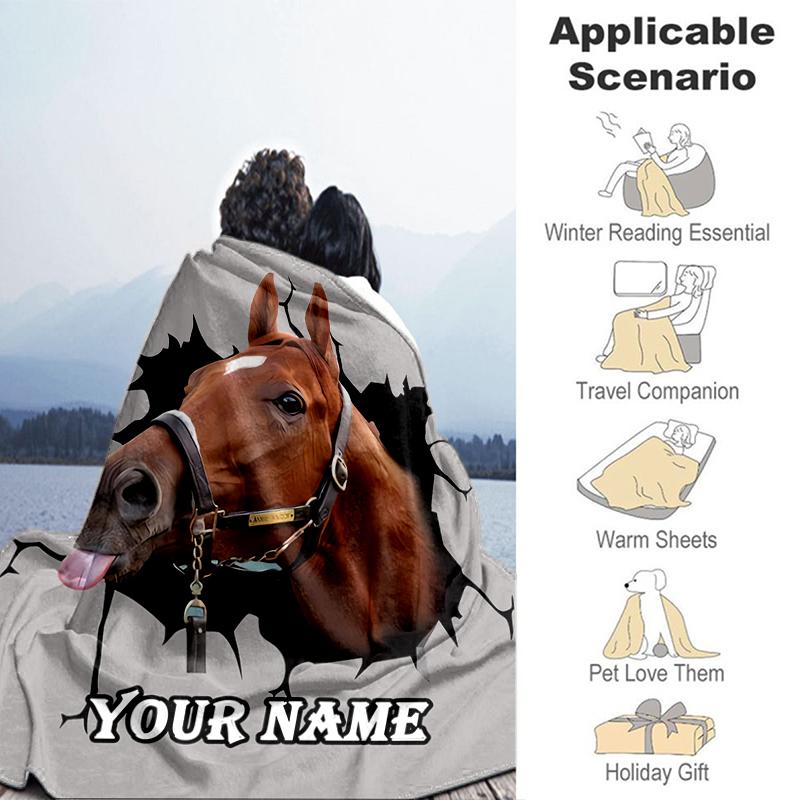 1PC Custom Name Horse Portrait flannel blanket versatile, all-season throw suitable for the living room, bedroom, camping, travel, and gift