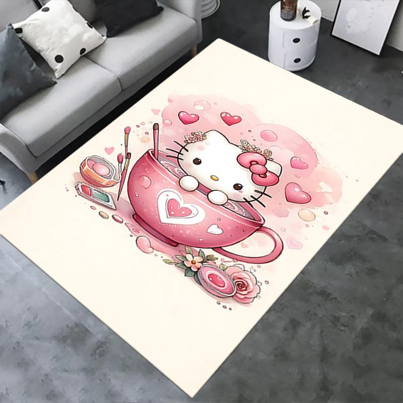 Office Rug Hello Kitty, Tea Cup Anti-Slip Rug, Machine Washable for Living Room, Bedroom, Office, Multiple Sizes, Bedroom Mat, Decorative Mat, Durable