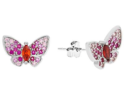 Silver Stud Earrings Pink Butterfly Shaped With Zirconia Rhodium-Plated Silver