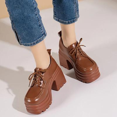Klassiker Oxford Damen Pumps Leder Damen Plateau Blockabsatz Schnürer Damenschuhe Damen Party Rollenspiel Uniform Kleiderschuhe