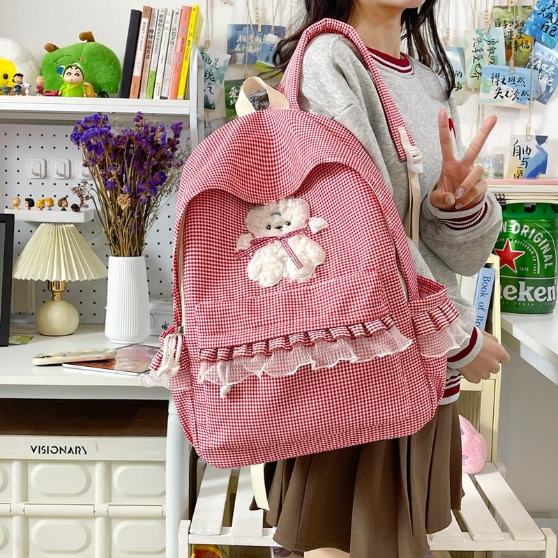 Kawaii Checkered Nylon Backpack with Fluffy Poodle Embroidery Sweet Style Women's School & Daily Bag