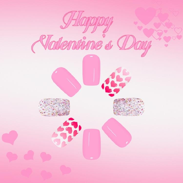 24 uñas postizas con punta francesa, diseño de corazón rosa brillante, uñas artificiales cortas para fiestas de San Valentín.