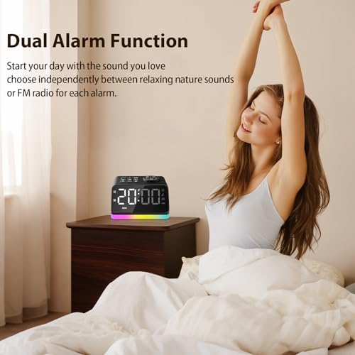 HUO JI Digital Alarm Clock with Large LED Screen, Adjustable Color & Brightness, Radio, 8-Color Dimmable Night Light, Nature Sounds, Sleep Timer, Doub