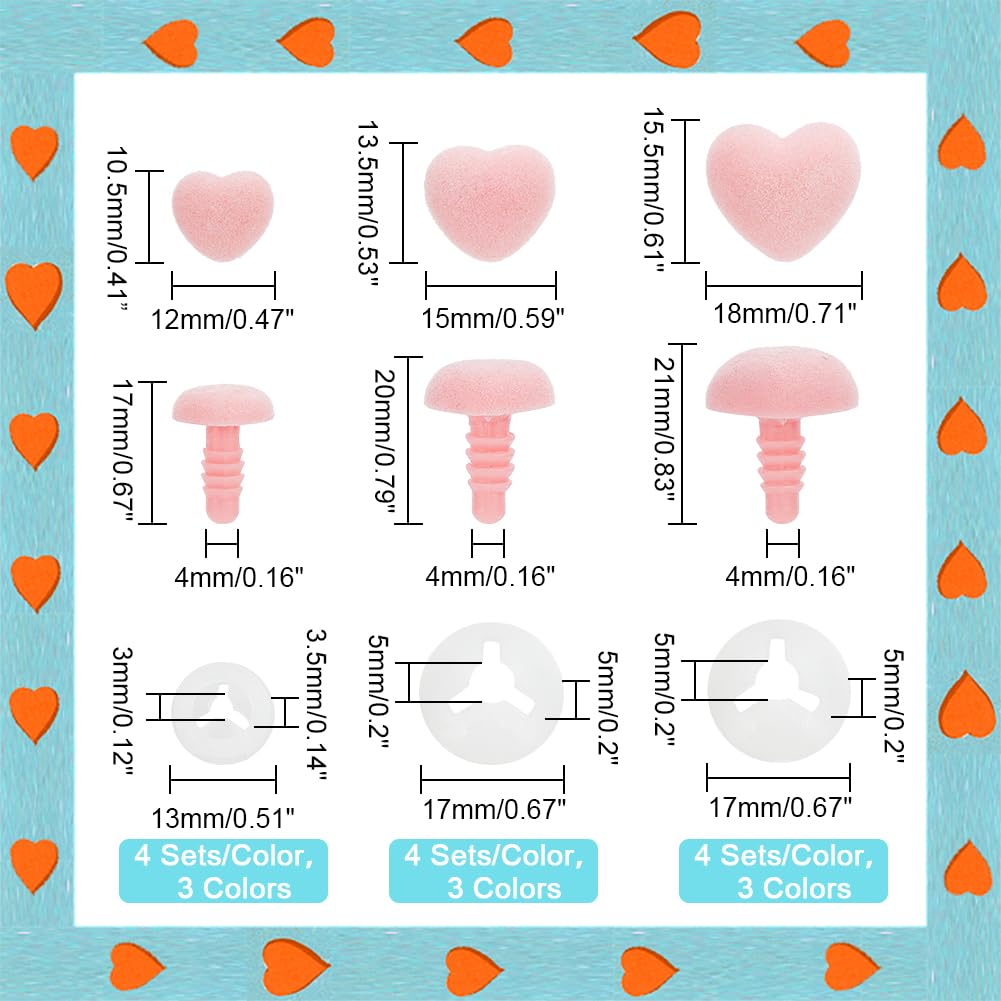 PH PandaHall 36pcs Plush Noses Bunny Noses Heart Doll Noses Velvet 3 Colors 3 Sizes Shy Nose Pink Nose Toys with Washers for Stuffed Toy Making and