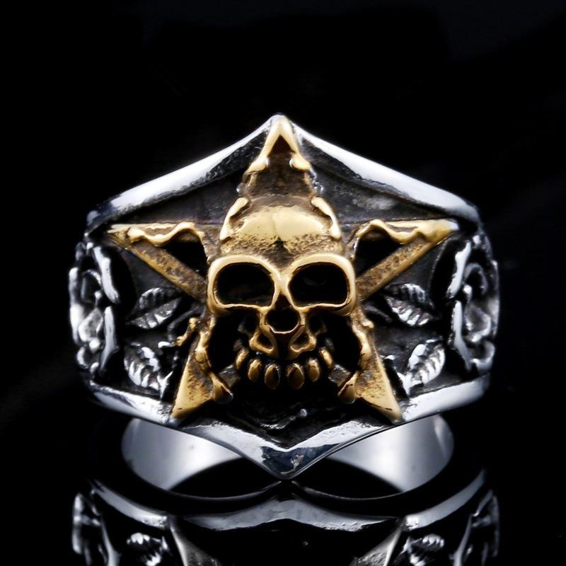 Herren Domineering Rose Pentagramm Totenkopf Ring