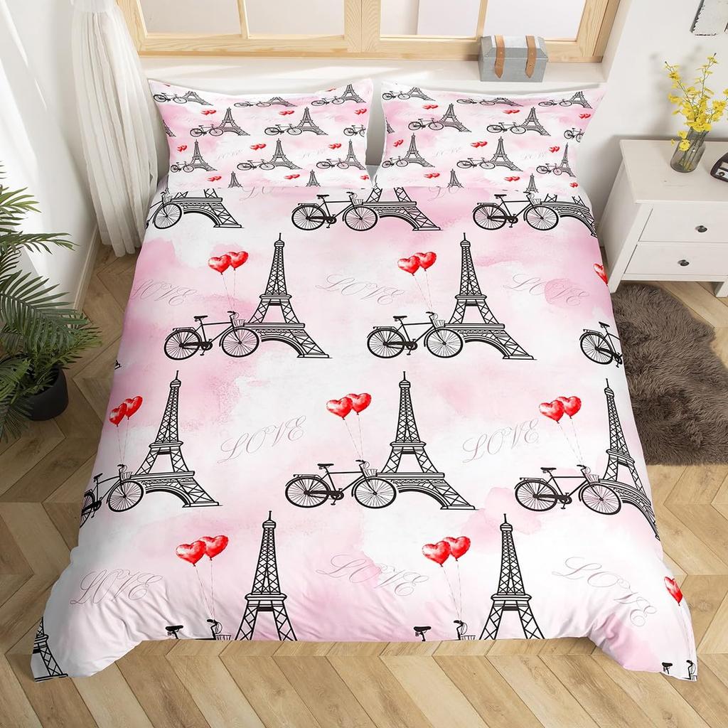 Eiffel Tower Bedding Set Twin Queen Pink Cherry Blossom Duvet Cover Romantic Theme Butterfly Print Comforter Cover for Girl Boys