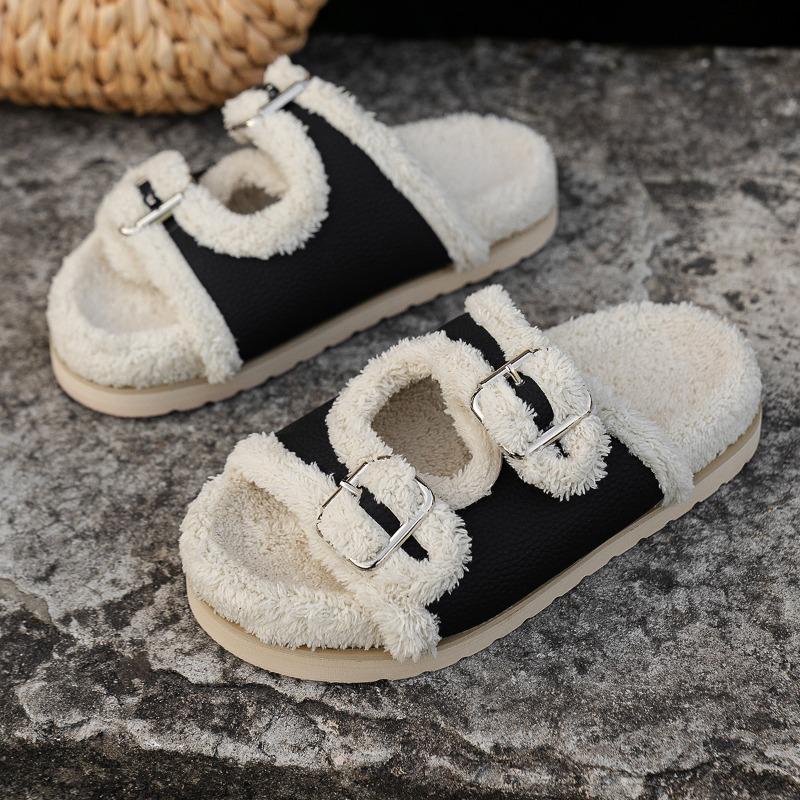 Thick-soled Fluffy Slippers for Women Outside, Autumn New One-word with Velvet Cotton Slippers, Home Wear Cotton Shoes for Women Outside