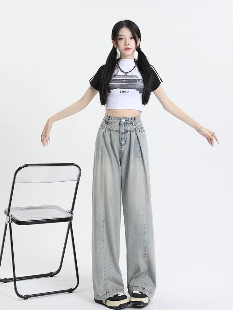 Blugi largi Y2k Pantaloni de blugi albaștri cu talie înaltă Pantaloni lungi din anii 2000 Pantaloni lungi din anii 90 Vintage oversize Moda coreeană