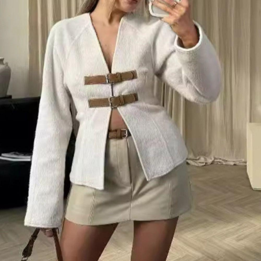 

Slim Fit Jacket Women Leather Buckle Woolen Coat New Long Sleeve Cardigan Holiday