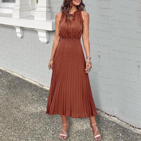 Dámské boho midi šaty letní s výstřihem do V, na zavazování, bez rukávů, plisované, volné áčkového střihu, ležérní plážové šaty