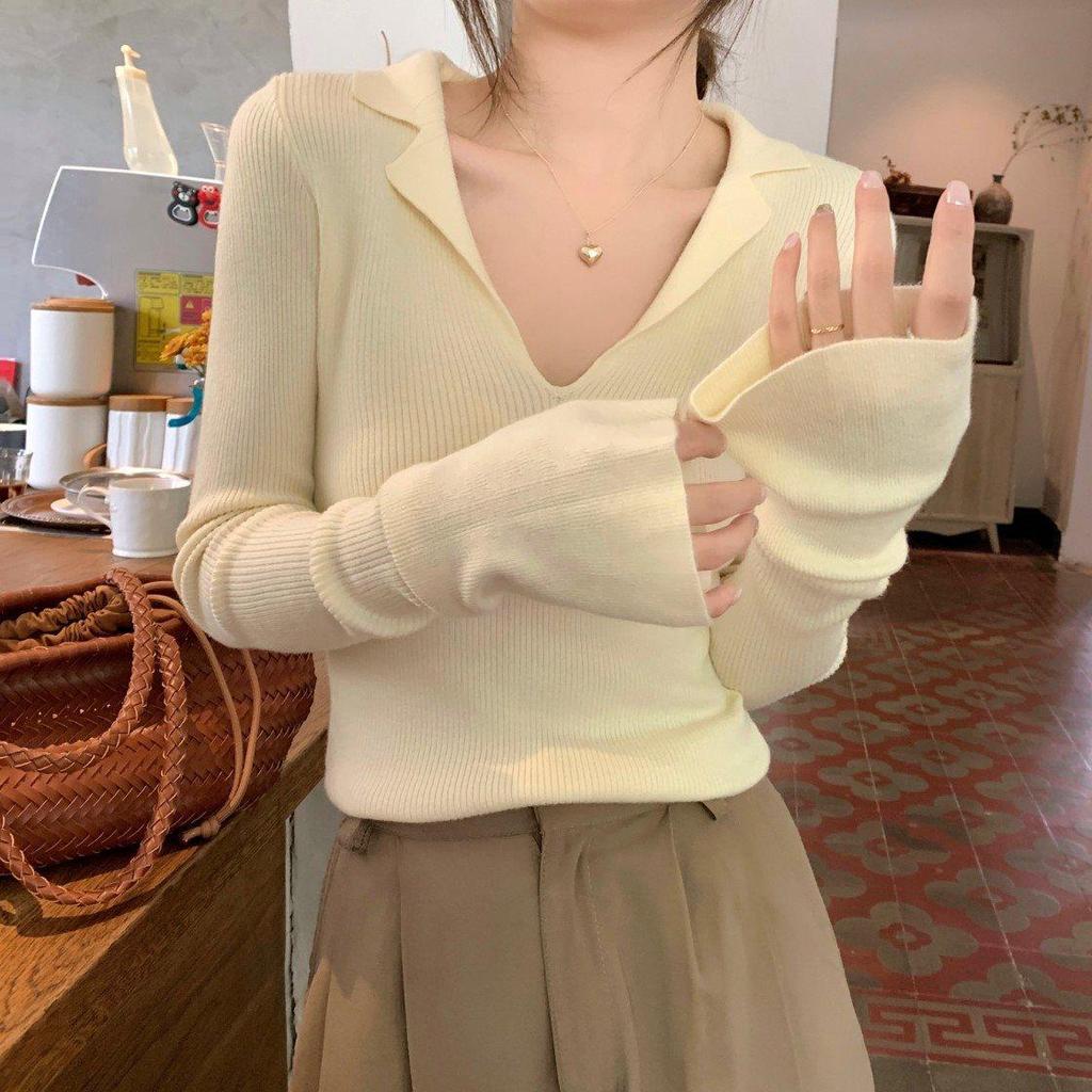 Women's V-Neck Polo Collar Knit Sweater for Spring/Autumn