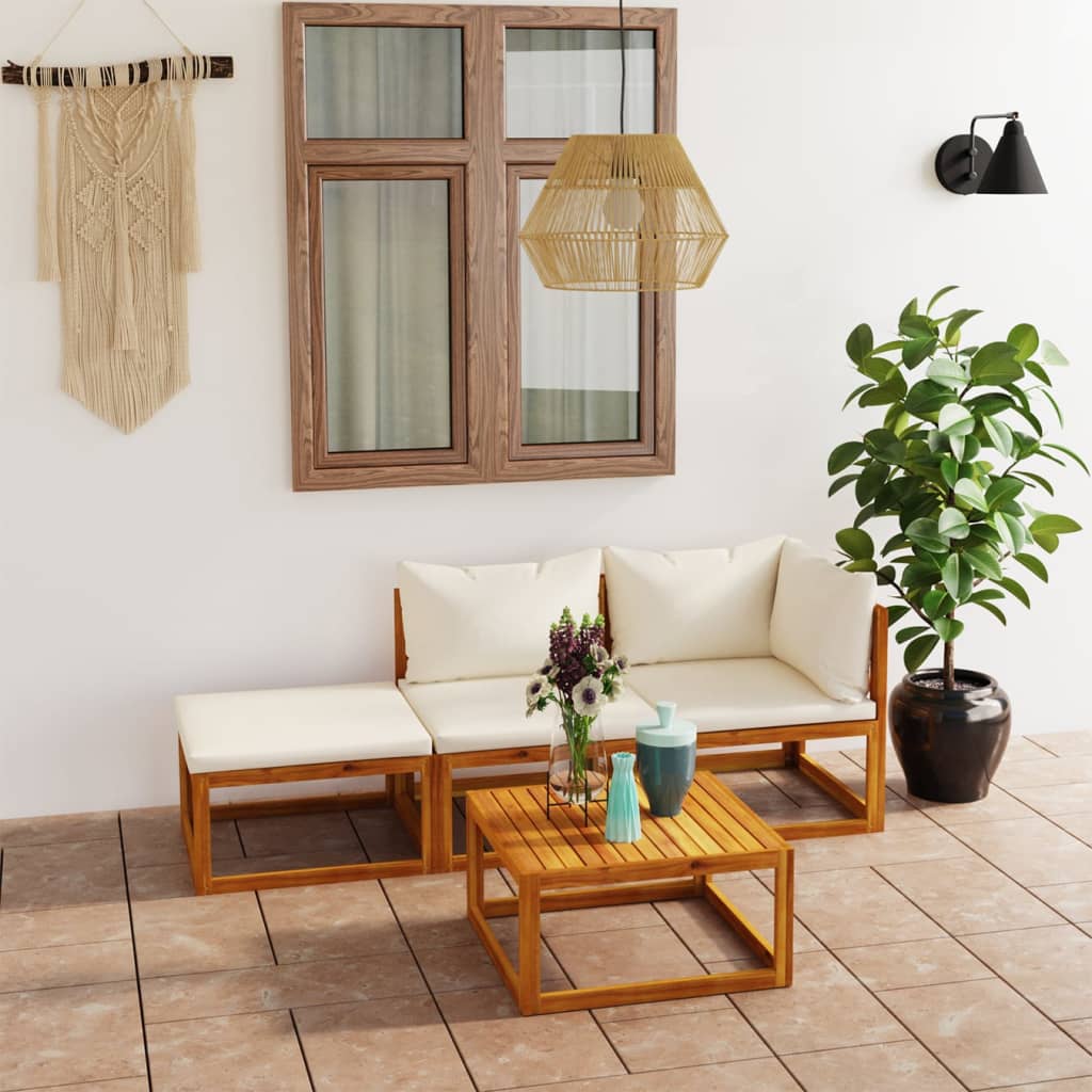 4 Piece Garden Lounge Set with Cream Cushions Solid Acacia Wood