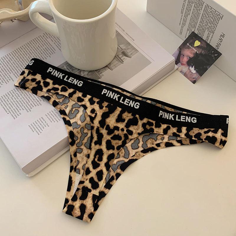 Female Summer New Simple Kitten Sexy Leopard Print Ice Silk Hollow Breathable No Trace Low Waist Thong Underwear