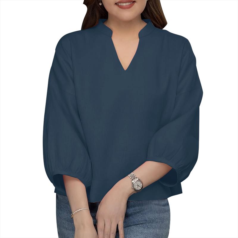 

ZANZEA Женская повседневная однотонная свободная блузка с V-образным вырезом и рукавом 3/4 5XL тёмно-синий