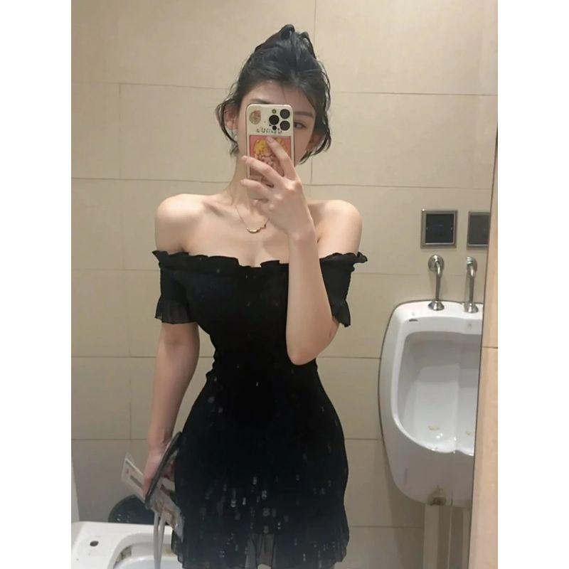 

Pure Black Classic Black Dress off-Shoulder Dress Summer Elegant Full Body Smocking Elastic Chiffon Dress Black XS