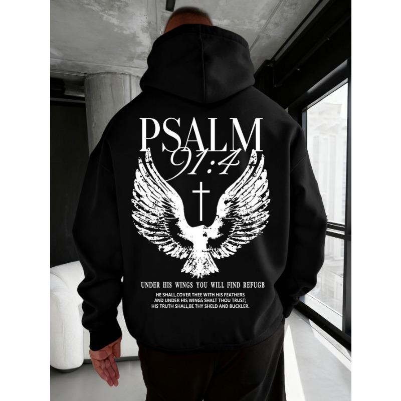 Christian Bible Verse Psalm 91:4 Print Men Women Hooded Sweatshirt Autumn Winter Outdoor Vacation Casual Loose Warm Sportswear