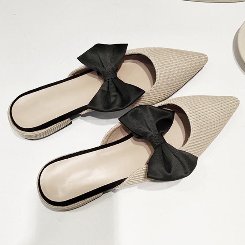 New Butterfly -Knot Pointed Toe Mules Shoes Stretch Knitted Slippers Women Mesh Slides Fashion Slip On Shallow Flats Spring