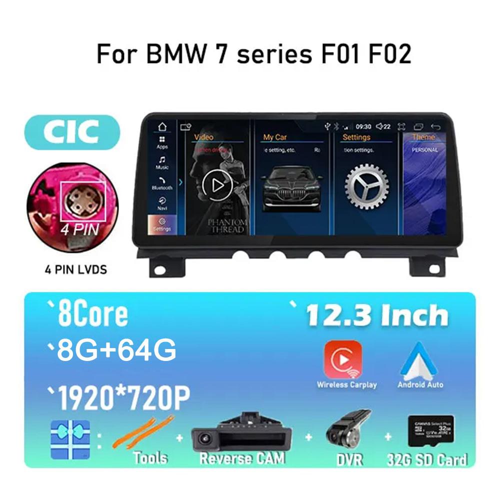 1920*720P Android 14 For BMW 7 Series F01 F02 CIC NBT System Wireless Carplay ID8 12.3 Inch Car Player Multimedia Navigation GPS