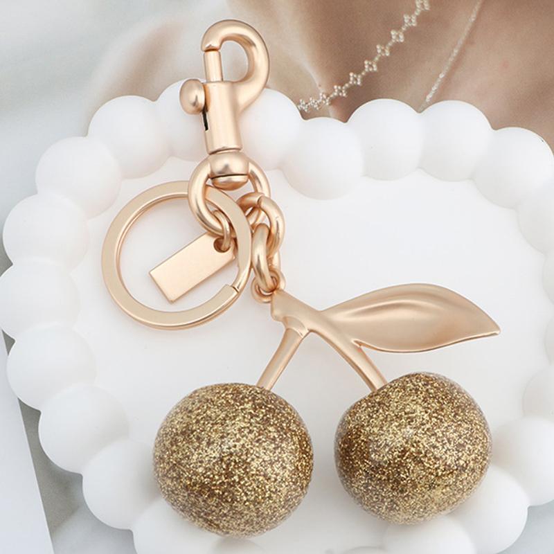 1Pc Glitter Resin Cherry Purse Keychain Sparkling Gold Cherry Bag Pendant Charm Festive Christmas Accessories