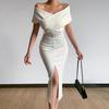 Women Dress Strapless Off Shoulder with Belt Solid Color Party Evening Dress for Office