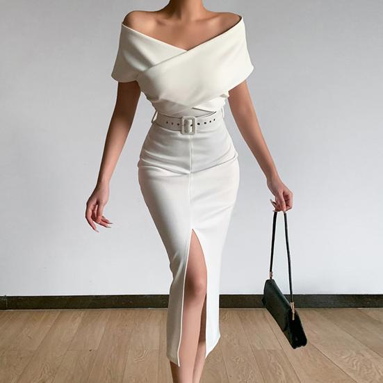 Women Dress Strapless Off Shoulder with Belt Solid Color Party Evening Dress for Office