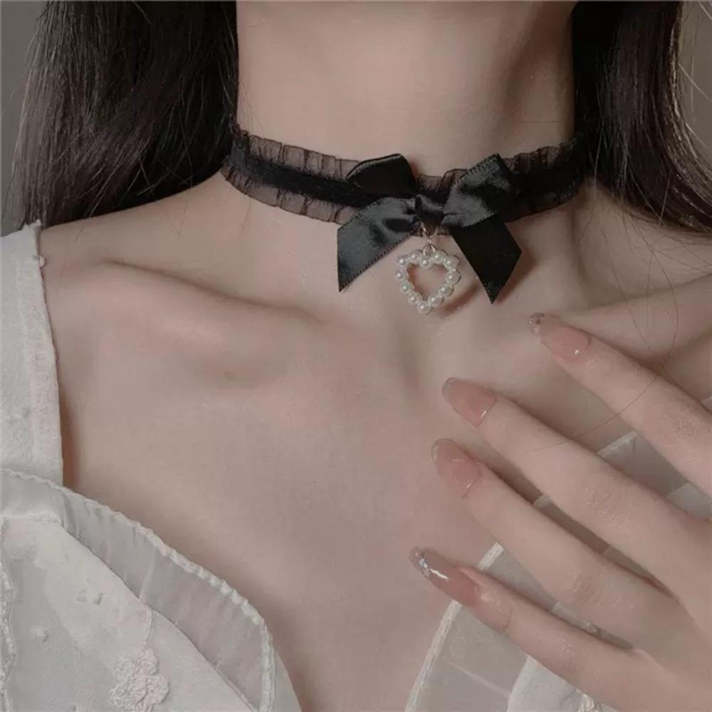 Collier ras-du-cou Lolita Rose Dentelle Nœud Perles Franges Pendentif Cœur pour Femmes Y2K Princessse Gothique Collier Cosplay Bijoux de Fête