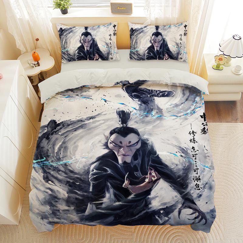 Nezha 2 Movie Three-piece Set Cartoon Quilt Cover Pillowcase Shen Gongbao Aobing Quilt Cover Sanded Pillowcase Bedding