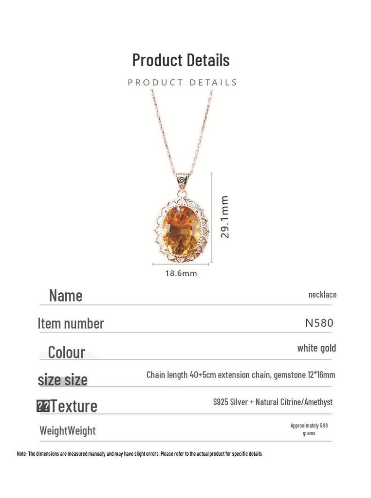 Large Carat Natural Citrine Amethyst Pendant Necklace for Women, S925 Silver with Colored Gemstones