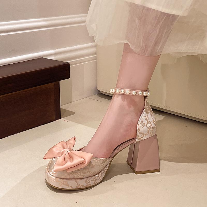 Fashion Chunky Heel Shoes Spring New Round Head Shallow Mouth Butterfly Knot Waterproof Platform Bead Non-slip High Heels