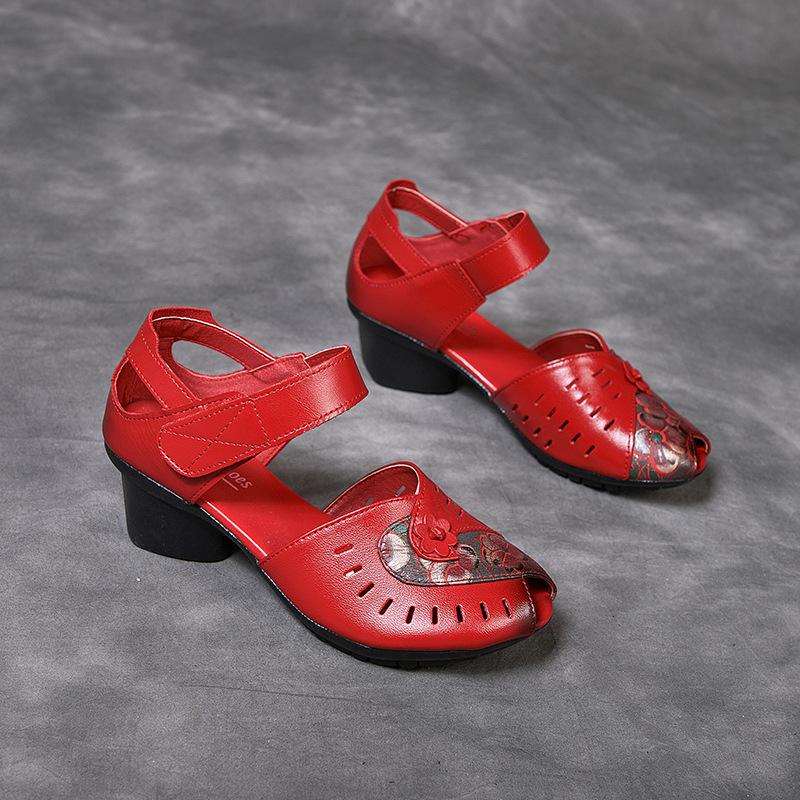 

Кожаные туфли в этническом стиле, женские туфли из коровьей кожи, толстый каблук, мягкая подошва, модные сандалии 39 красный