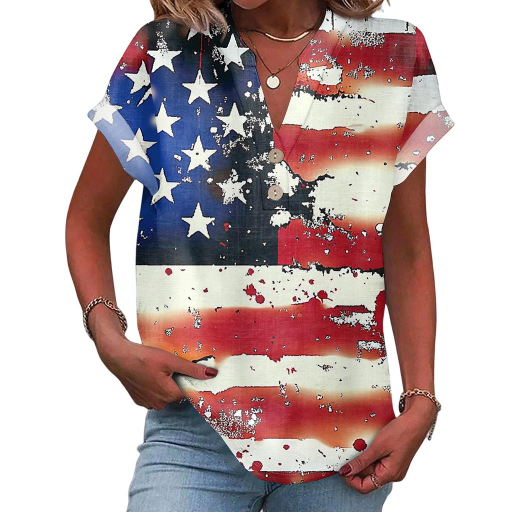 Women's Casual Fashion V-Neck Button Independence Day Print Short Sleeve Top