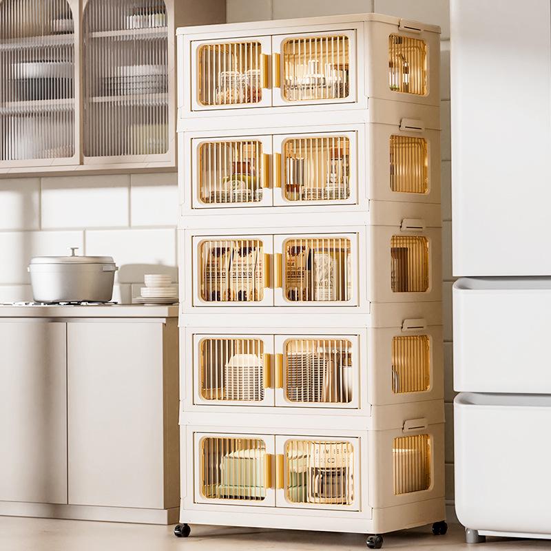 Movable Multi-Layer Folding Storage Cabinet: No-Installation Plastic Organizer for Bedroom and Living Room