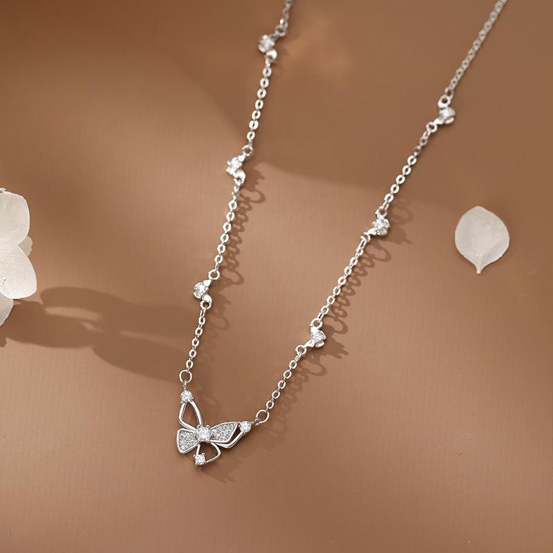 

S999 Pure Silver Small Fresh Hollow Butterfly Necklace Sweet Literary Hundred Pagoda Temperament Sweet Collarbone Chain Foot silver