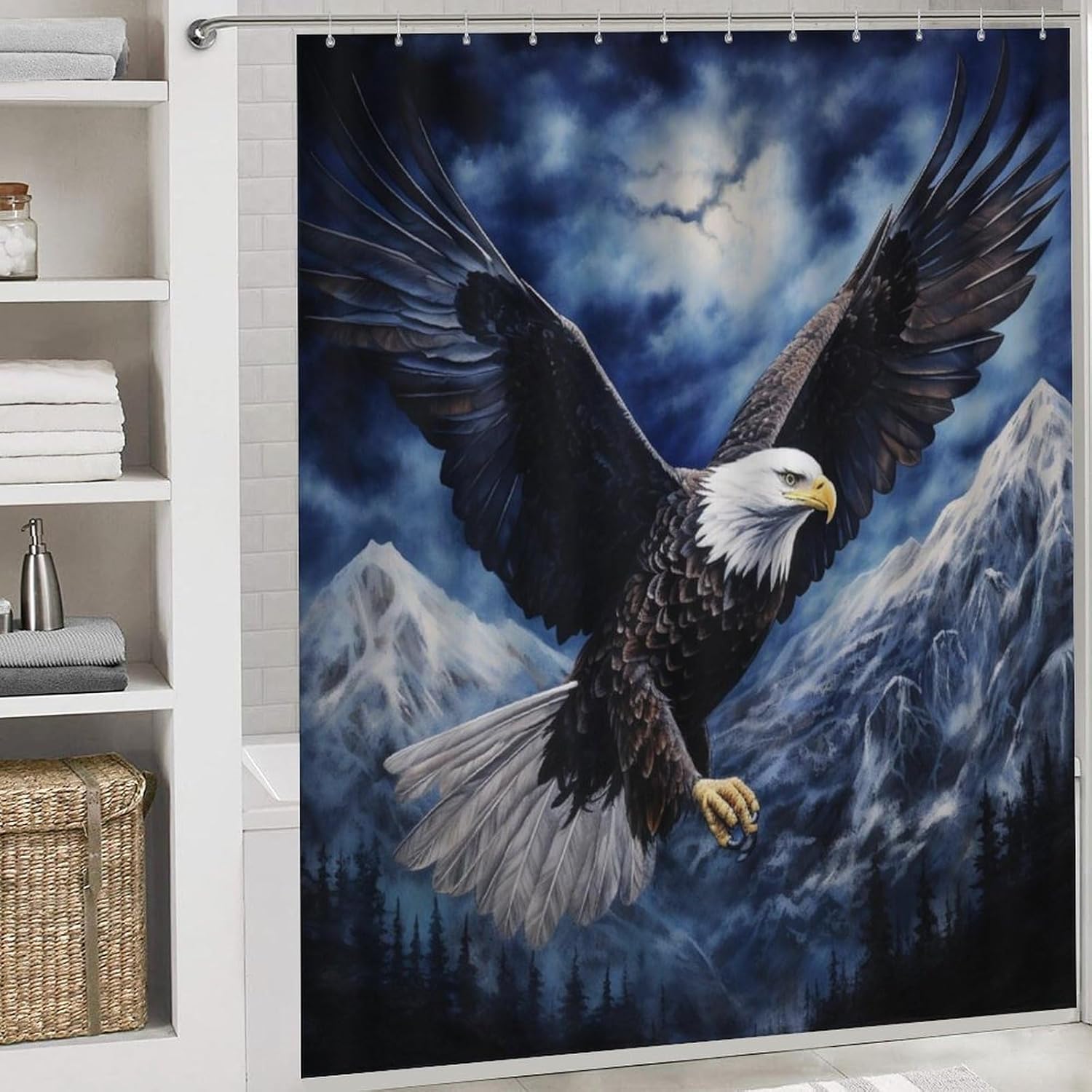 

Bald Eagle Shower Curtain Sets with Rugs 4 Piece, Decor for Bathroom Toilet Bathroom Mat,3D Print,Blue Abstract Wild Animal Patriotic Bird Polyester Style