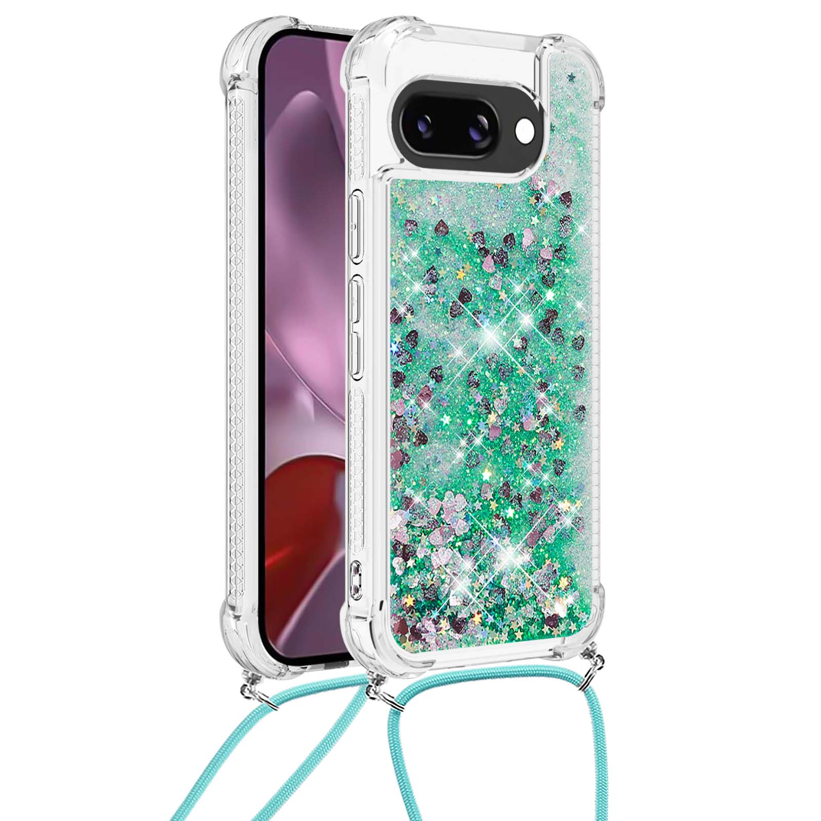 

For Google Pixel 9a TPU Case Quicksand Design Phone Cover with Lanyard Green/Hearts