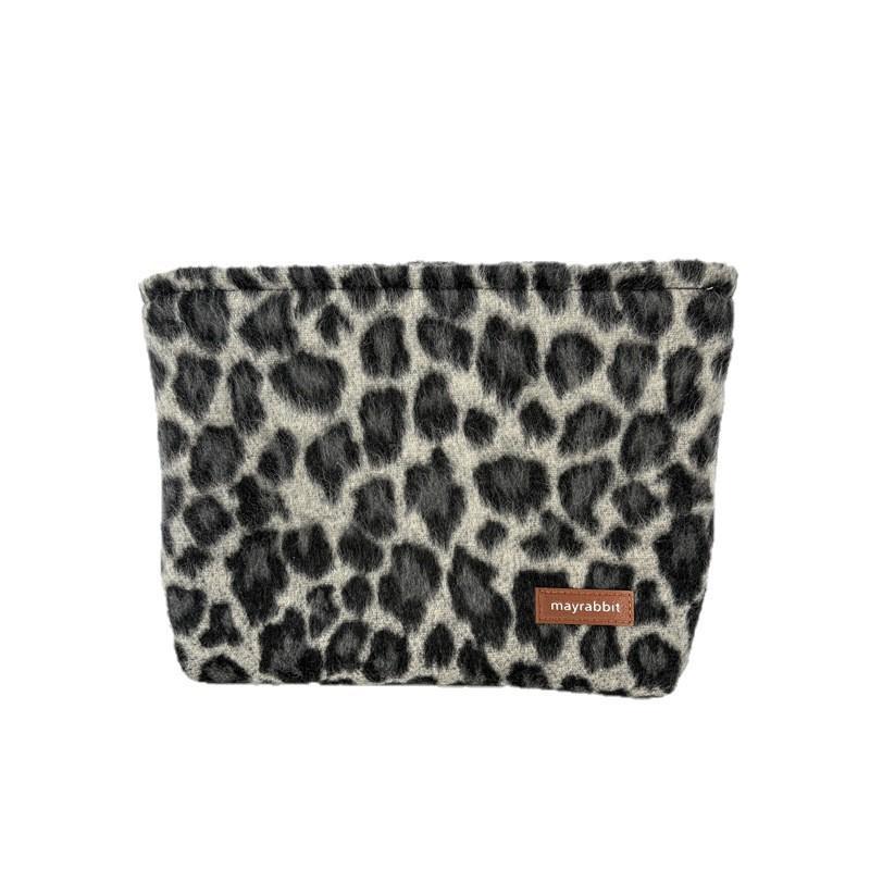 Retro Leopard Print Wool Storage Bag - High-End Travel Makeup & Coin Purse