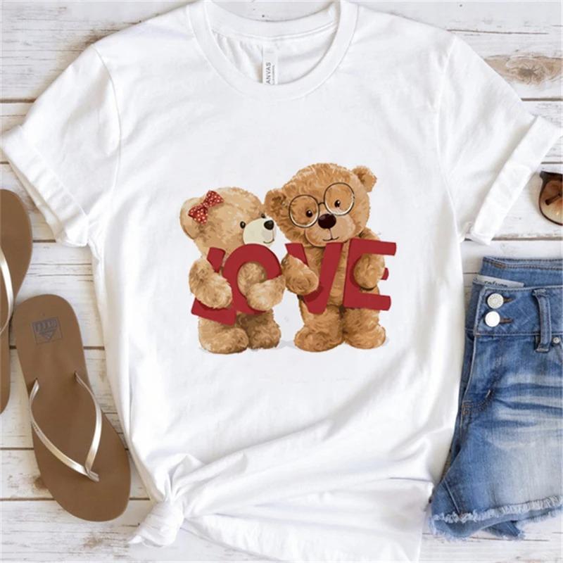 Cute Little Bear Print TShirt Summer Trend White Short Sleeve Neck Casual Sports Aesthetic Clothes Womens Graphic T Shirts
