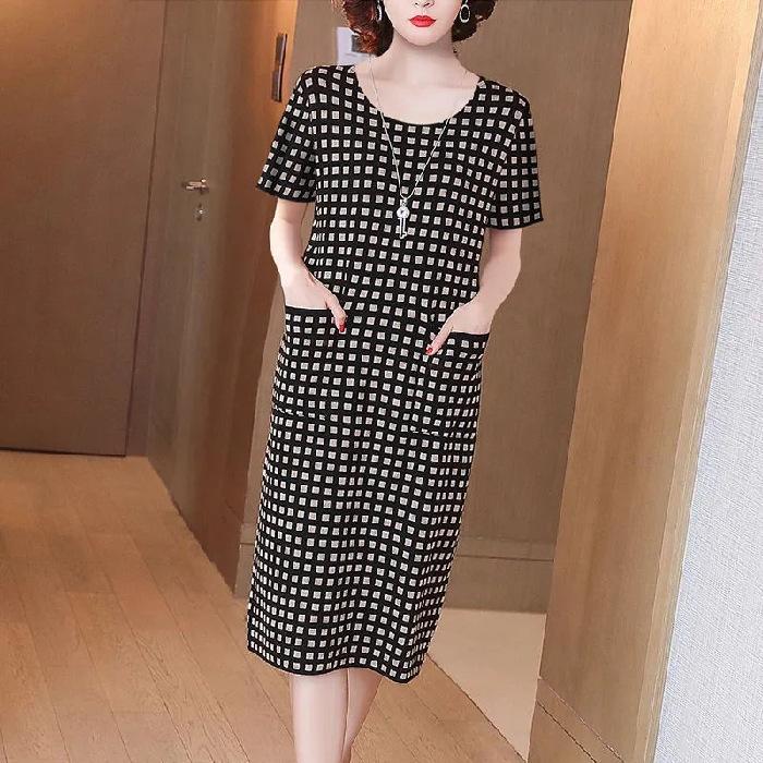

Summer new women s clothing round neck plaid dress loose inside with medium and long knee skirt M