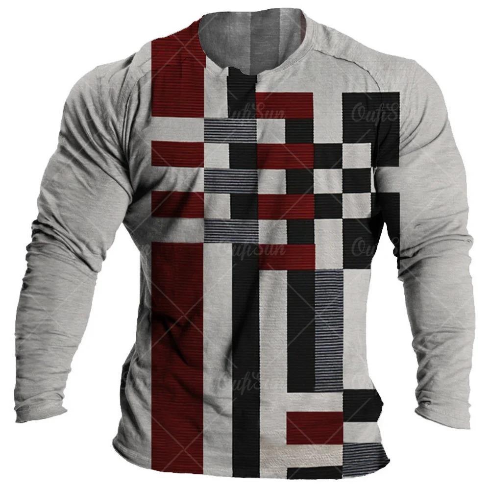 Vintage Multi color Plaid splicing 3D Print Men's T-shirts Autumn New Long Sleeve Tops Daily T Shirt For Man Patchwor Clothing
