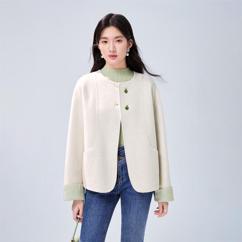 

Women s New Chinese Style Jacquard Spliced Wool Blend Short Coat M