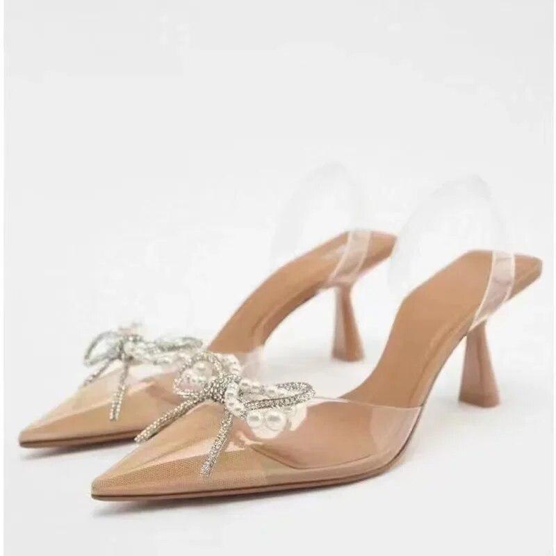 Women's Pointed Head High Heeled Sandals Summer 2024 Sexy Woman Shoes Fashion Pearl Decoration Slingback Woman Pumps