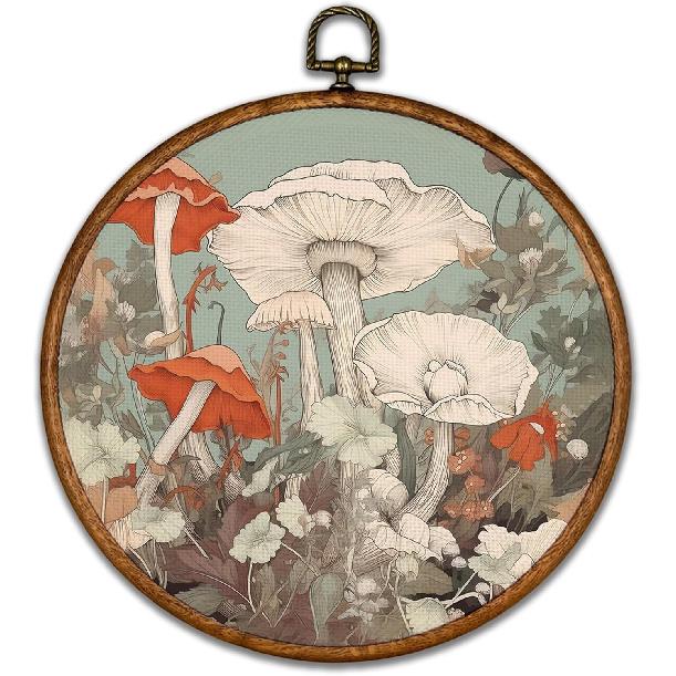 BCUANGD Vintage Mushroom Round Wall Art Decor - Retro Boho Botanical Wall Art Canvas Frame Artwork Prints, Neutral Cottagecore Round Wall Hanging