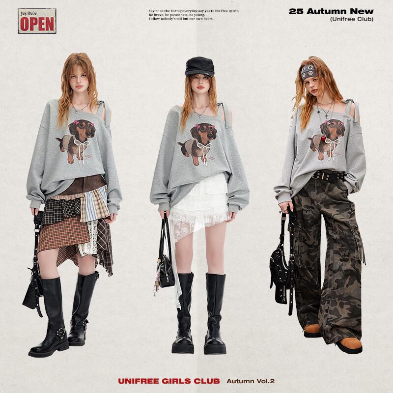 UNIFREE Vintage Dachshund Print Asymmetrical Sweatshirt