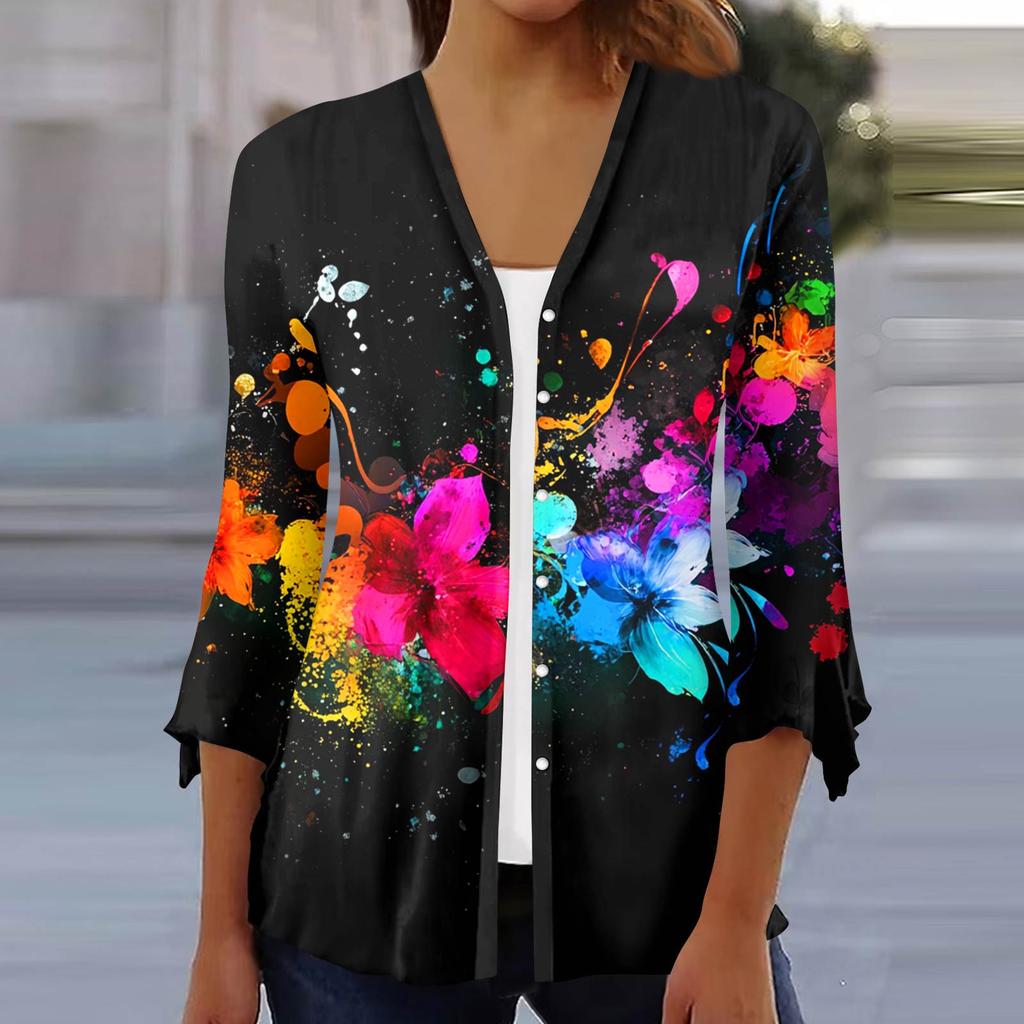 Women's Fashion Loose Casual Printed Seven-Part Sleeve Button Down Blouse Cardigan Top