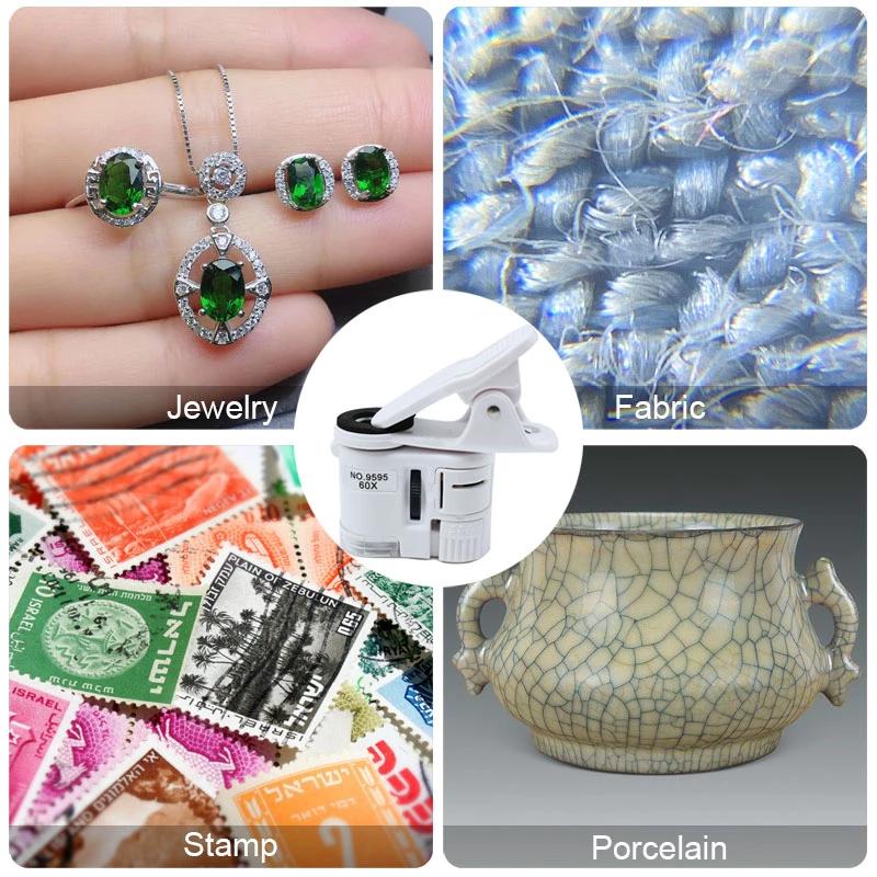 Universal Clip Microscope 60X LED Jewelry Magnifying Glass Focusing Adjusted Pocket Microscope Cell Phone Clip UV Light