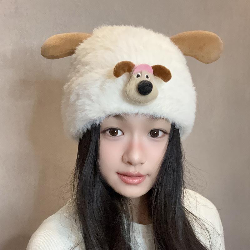 

Плюшевая вязаная шапка с ушками щенка для женщин на осень и зиму, теплая шерстяная шапка для защиты ушей, японская милая универсальная шапка-пуловер от холода M（56-58cm）